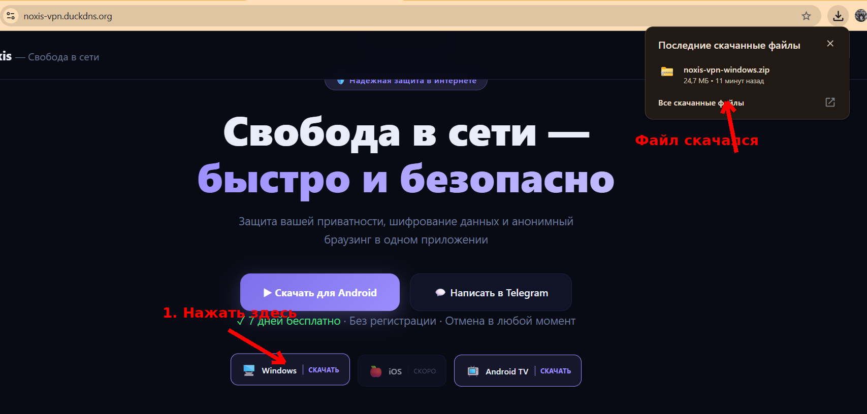 Кнопка скачивания Windows-версии на сайте Noxis